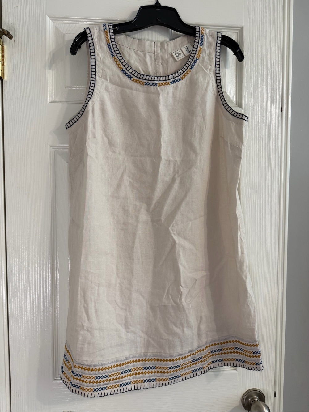 White Embroidered Sleeveless Linen Dress with Blue & Yellow Trim